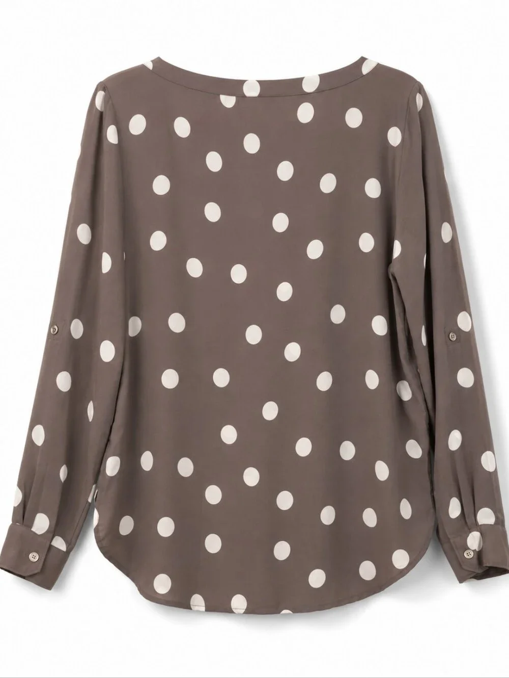 LOFT Women’s Medium Polka Dot Blouse Taupe Brown Semi Sheer Roll Tab Sleeve